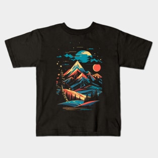 breathtaking mountain landscape with majestic trees and towering peaks in the background Kids T-Shirt